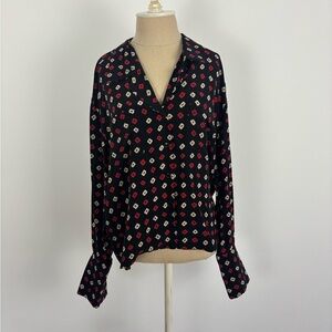 Button Up Blouse Black Printed Long Sleeve USA 14